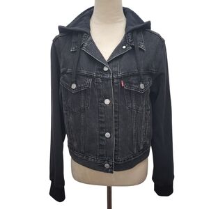 Levi's Hooded Hybrid Trucker Jacket Black Denim Hoodie Button Front Womens Sz M